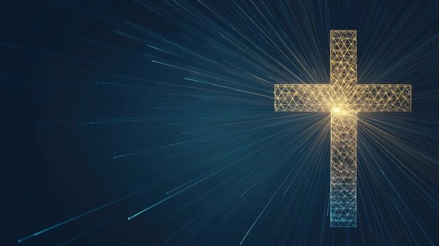 A radiant Christian cross glows brightly, symbolizing faith, hope, and salvation. The cross's golden light illuminates the scene. ..Created with Generative AI, not depicting real subjects.