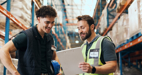 Logistics, team and men with clipboard in warehouse, discussion and planning for stock...