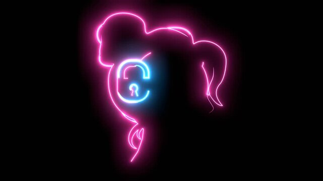 Lock inside a female head. Psychological and mental health symbol of mental prison and restriction. Fixed mindset. Introvert character. Neon shine.
