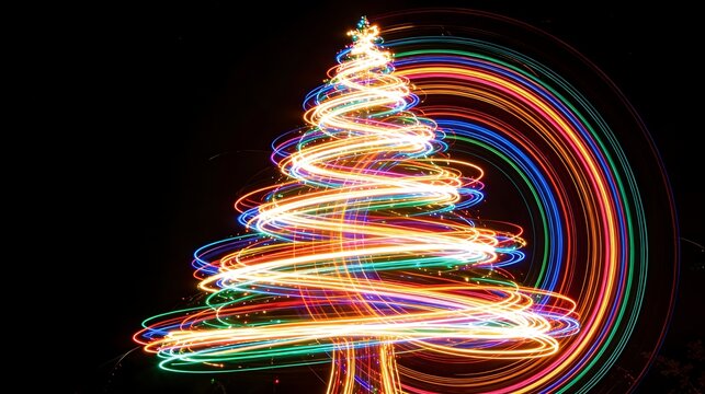 Colorful Light Painting Christmas Tree Spiral