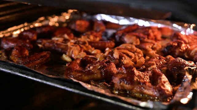 A man checks the readiness of chicken wings with a fork in the oven. The process of checking meat for readiness using a fork, baked chicken wings with onions on a baking sheet in a preheated oven