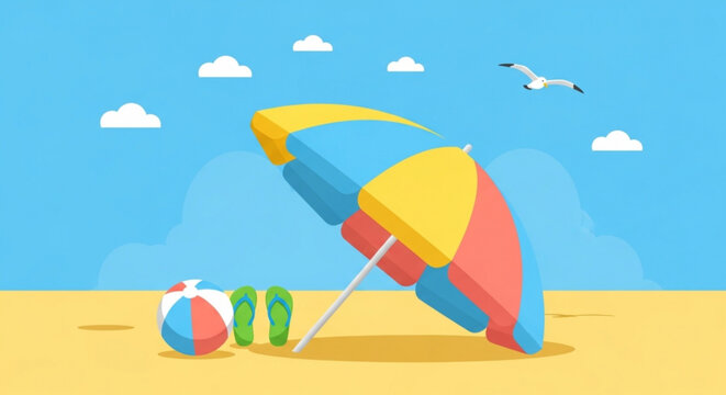 A colorful beach scene with a vibrant umbrella, beach ball, and flip flops on a sunny day
