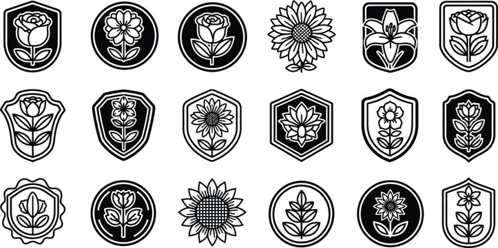 Black and white floral emblems and shields