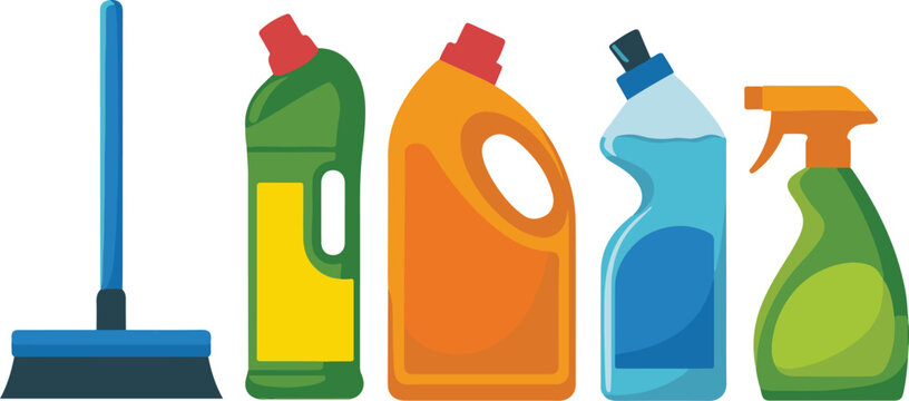 Cleaning supplies set with mop and various bottles of household cleaners for home and commercial use in flat vector style