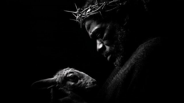 A contemplative portrait shows a figure wearing a crown of thorns and holding a lamb in a chiaroscuro, a metaphor for empathy and sacrifice. ..Created with Generative AI, not depicting real subjects.