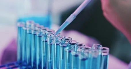 Fotobehang Apotheek Science. person and test tubes in lab, liquid for chemistry experiment and research. Medical results, scientist or glass vials with syringe, biotech for pharmaceutical innovation or vaccination  © peopleimages.com