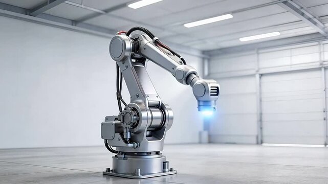 Modern industrial robotic arm in a clean factory setting, showcasing automation, precision engineering, and future manufacturing technology