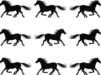 Set of black galloping horse silhouettes featuring stallions in fast motion with flowing manes and tails isolated on white background for equestrian design © Dhanu