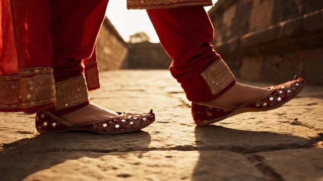 Asian woman walking on stone path at sunset, bridal steps in embroidered red garment, ornate shoes and anklet catching golden sunlight, closeup on feet and cobblestone revealing texture,