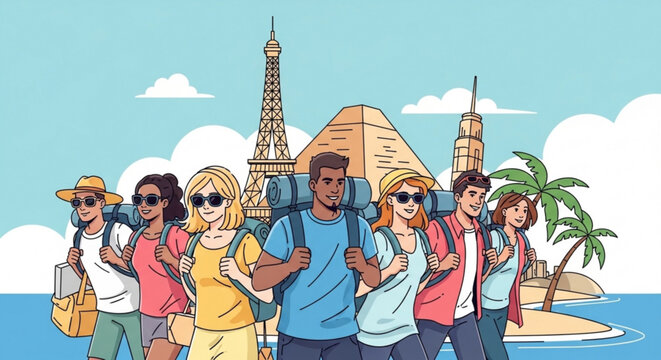 A group of happy travelers with backpacks standing in front of famous landmarks on a sunny day