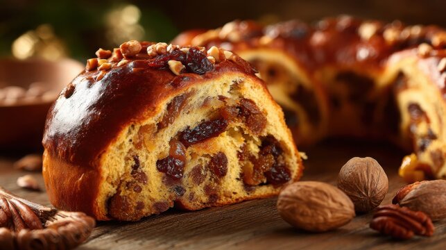 Close-up of a glistening slice of rich, sweet fruit and nut cake revealing its delicious textures and topping.