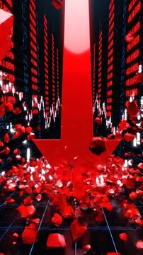 Massive crimson pointer descending rapidly through dark space signifying economic downfall and global financial crisis in a seamless 3D vertical motion background loop for video backdrop.