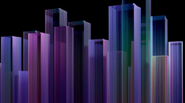 Abstract animation dark geometric design glasses block render graph technology three dimensional datum background create luminous skyline with glass block towers and subtle motion blur conveying