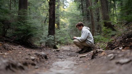 Naklejka premium Young man crouching on a forest path engrossed in work on his laptop computer
