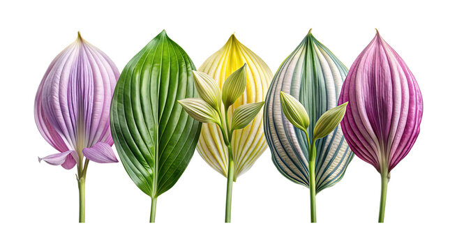 Arrangement of colorful Hosta leaves isolated on white background shows different colors