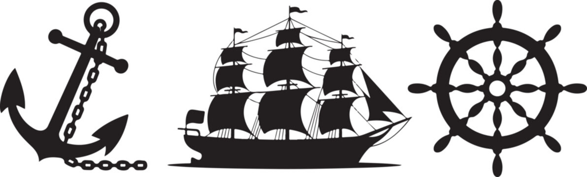 Nautical maritime symbols anchor ship and steering wheel isolated on transparent background vector illustration