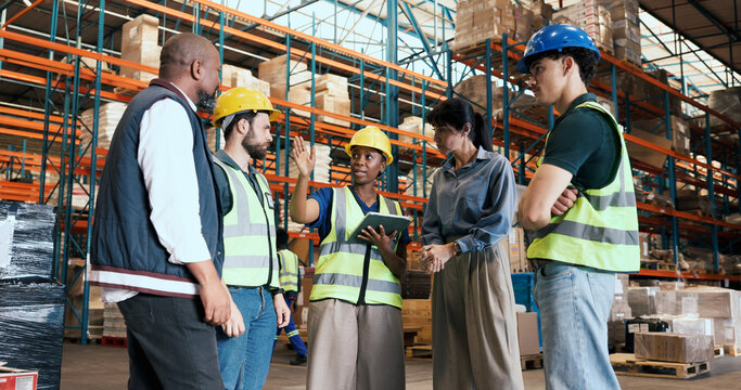 People, meeting and logistics with tablet in warehouse for inspection, shipping and inventory checklist. Team, talking and digital for schedule update, quality assurance and planning for distribution