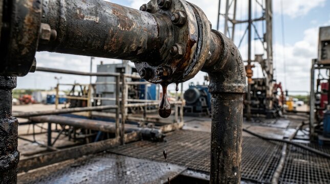 Oil Well Equipment with Rusty Pipe and Droplet at Drilling Site