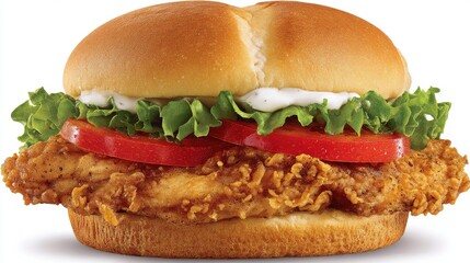 Crispy fried chicken sandwich with fresh lettuce and tomato on a soft bun, perfect for delicious meal ideas and quick service dining experiences