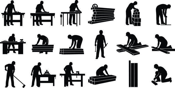 carpenter worker silhouettes set, woodworking tools cutting assembling, industrial labor activities, furniture production, building construction, engineering work, professional craftsmen concept