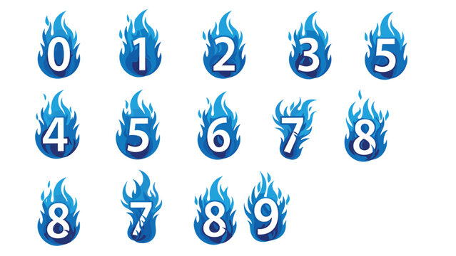Collection of numbers zero through nine each encased in vibrant blue flames representing speed or high energy levels.