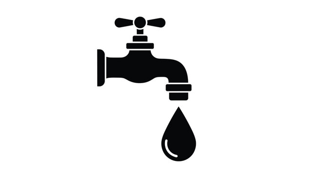 Minimalist black silhouette of a classic water faucet with a single droplet of water falling to emphasize conservation and plumbing.