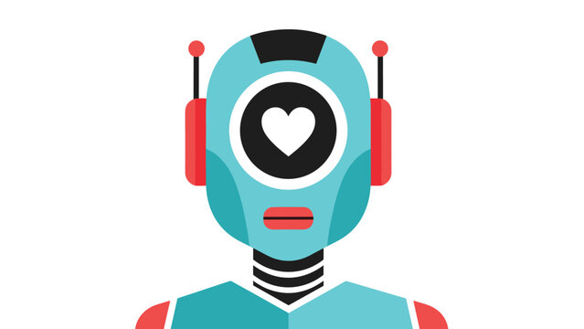Close up portrait of a friendly blue robot head featuring a white heart symbol in its large central eye lens and red ears.