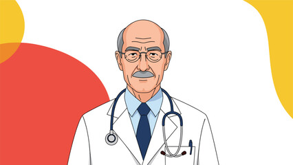 Fototapeta premium Professional portrait of an experienced senior male doctor wearing a white lab coat with a blue tie and a stethoscope around his neck.