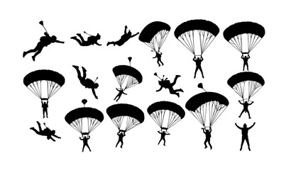 Parachute Skydiving Silhouette Collection – Extreme Sports Freefall Vector Set © Meerazul