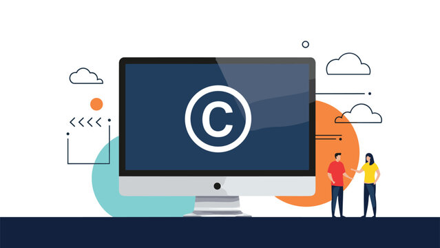 Large computer monitor displays a white copyright symbol as a man and woman stand nearby discussing intellectual property and legal rights.