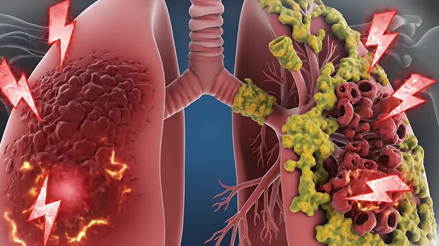 Human Lung Inflammation Illustration - A 3D medical illustration displays a human lung with a disease or inflammation. Red lightning bolt effects highlight the location of the issue.