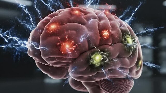 Human Brain Illustration with Electrical Activity - This stock video shows an illustration of a human brain with bright electrical activity, suggesting inflammation, stress, or neurological activity.