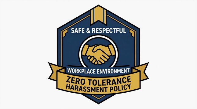Mental Health Workplace Policy concept. Shield badge with handshake: Zero Tolerance Harassment Policy.