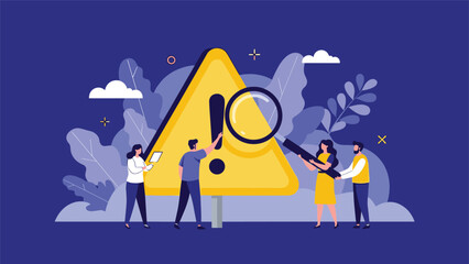 Obraz premium Group of employees uses a large magnifying glass to inspect a giant yellow triangular warning sign with an exclamation mark for risks.