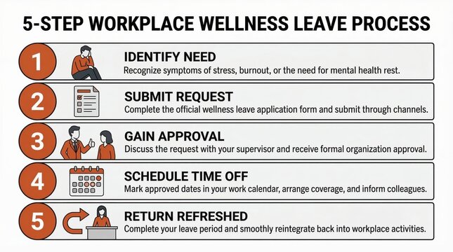 Mental Health Workplace Policy concept. Five-step workplace wellness leave process infographic