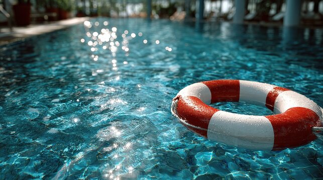 Red and white lane divider floating in indoor blue swimming pool with ample copy space for editorial use