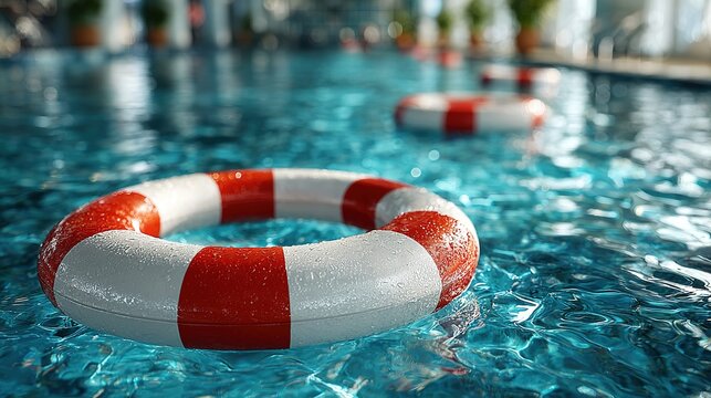 Red and white lane divider floating in indoor blue swimming pool with ample copy space for editorial use