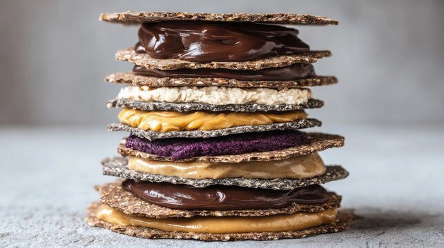 Towering Stack of Whole Grain Crackers and Rice Cakes With Diverse Sweet Fillings