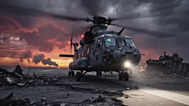 Military Helicopter on War-Torn Runway at Dusk - A dark military helicopter stands ready on a damaged runway, with dark clouds gathering in the dusky sky.