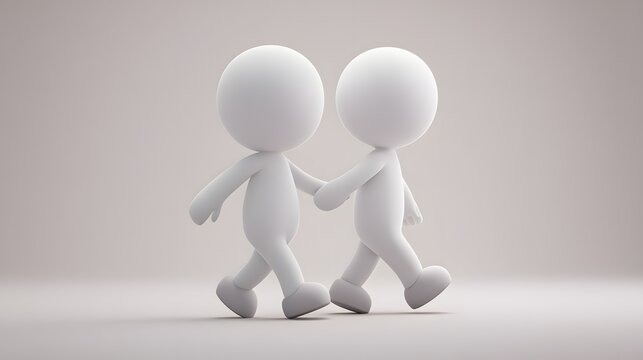 Two White 3D Figures Walking Together Holding Hands.