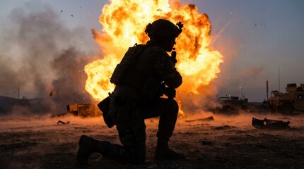 Obraz premium Soldier Silhouette Against Explosive Fireball at Dusk in Conflict Zone
