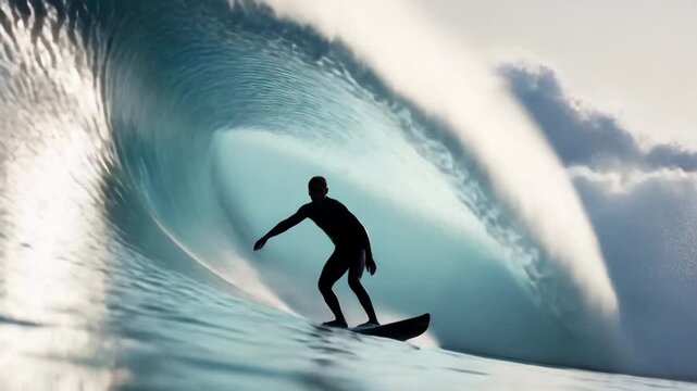 Surfer surfing big barrel tube wave