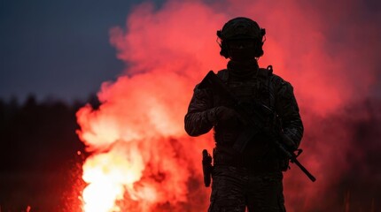Naklejka premium Soldier Silhouette Against Red Smoke in Nighttime Environment