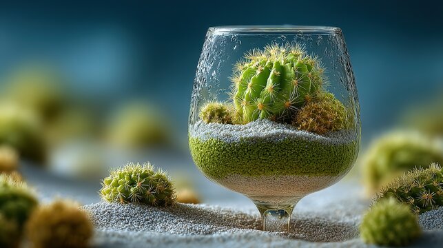 Surreal fluorescent green cactus growing inside crystal wine glass filled with golden sand set against stylized desert landscape. 