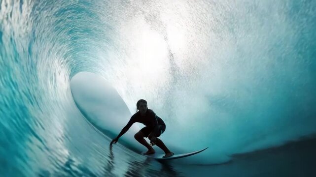 Surfer surfing big barrel tube wave