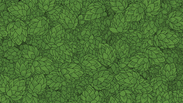 Full frame background texture showing a dense arrangement of green hop cones used for brewing beer and various herbal remedies today.