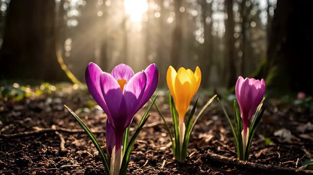 Delicate Wildflowers Unfurl on Primeval Forest Floor Bathed in Volumetric Sunlight