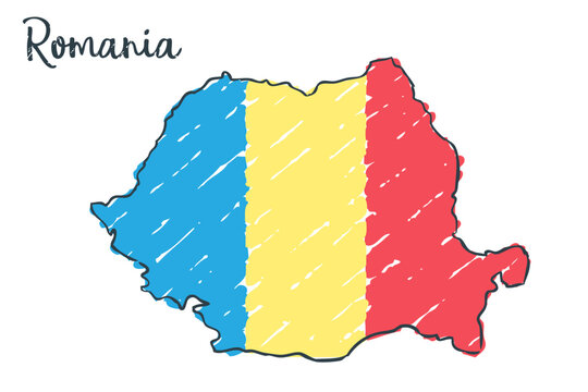 Romania Map Sketch - hand drawn Romanian flag illustration