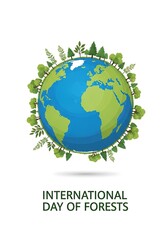 Fototapeta premium International day of forests logo with green leaves and blue globe on white
