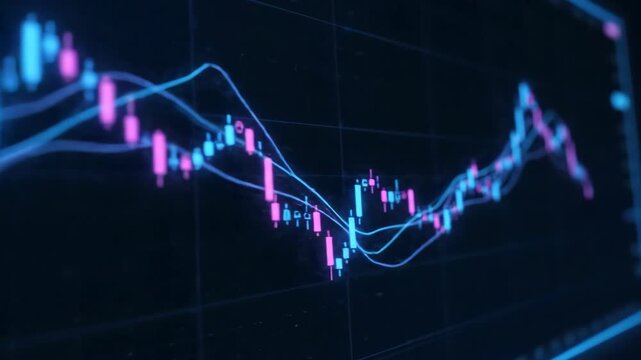 Dynamic Financial Market Data Displaying Candlestick Charts and Moving Averages on a Dark Background.